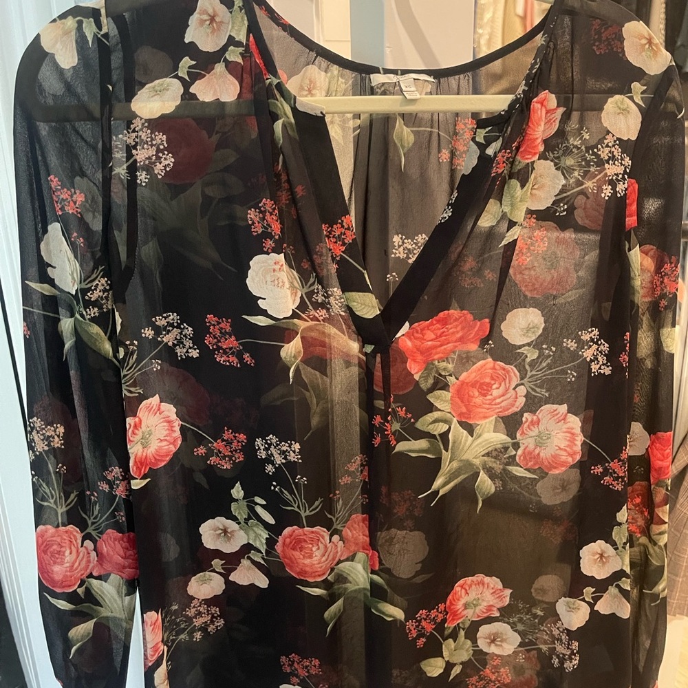 Joie Sheer Black Blouse with Red Floral Design